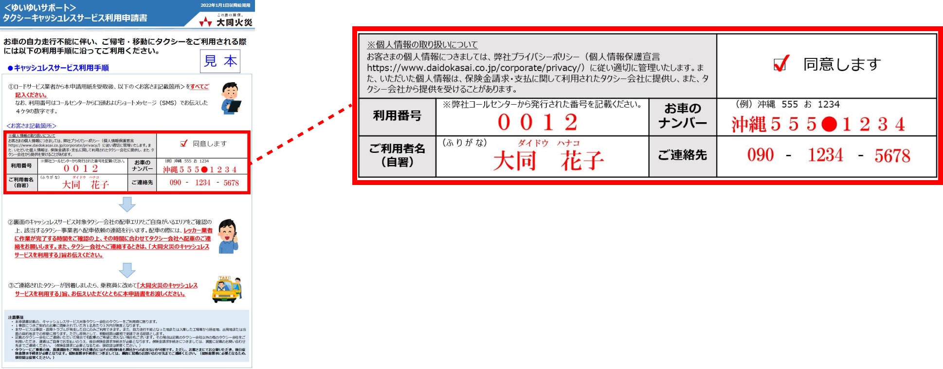 キャッシュレスサービス利用申請書のお客さま記載箇所 イメージ